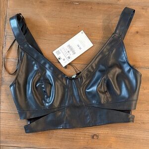 NWT Zara Black Textured Faux Leather Top Medium